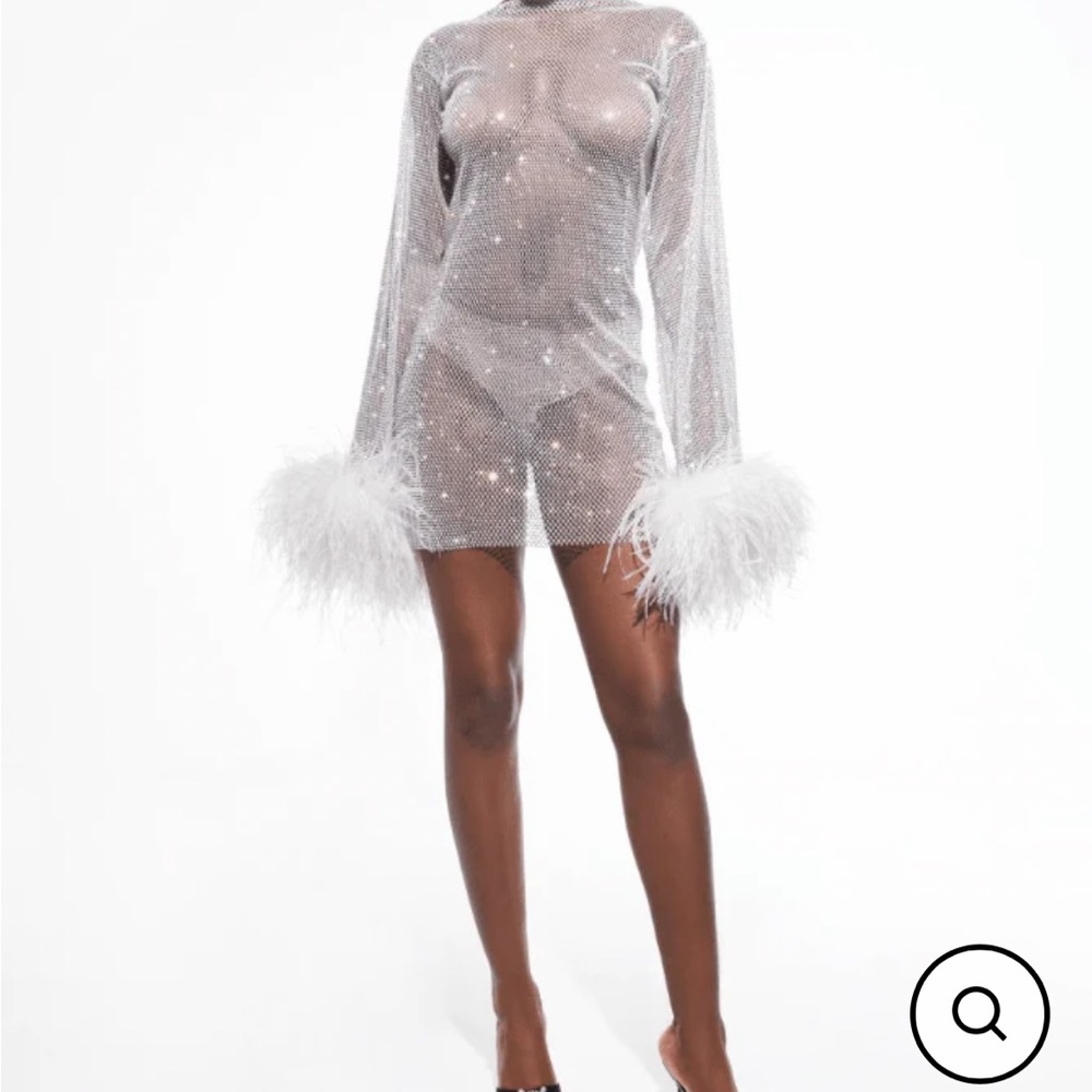 Malvi Paris Rhinestone Mesh Mini Dress with Feather Sleeves
